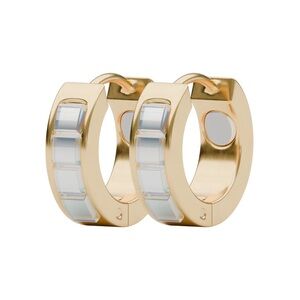 Gold Hoop Huggie Earrings with White Inlay Accents